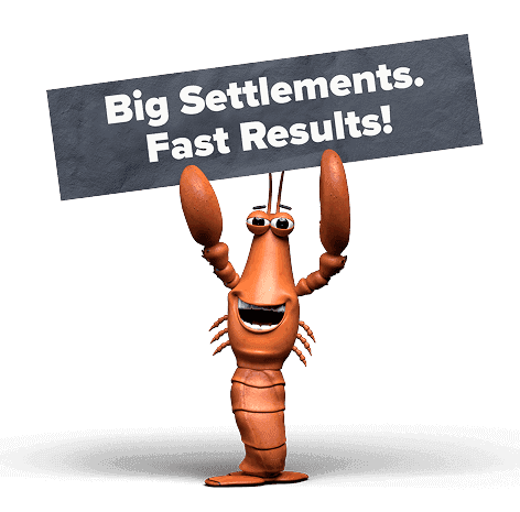 A cartoonish lobster holding a sign that says Big Settlements. Fast Results!