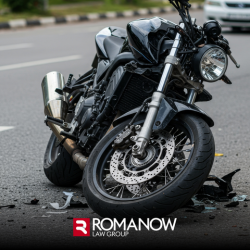 A damaged motorcycle on the road surrounded by debris after a Maine motorcycle accident