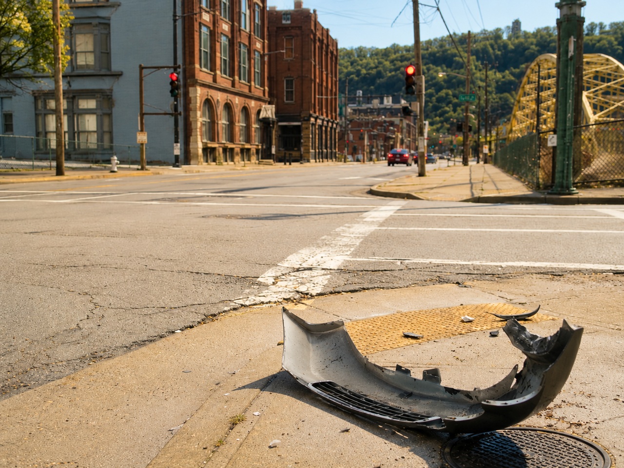 A shattered car bumper lies on a Pittsburgh sidewalk near an intersection, with a yellow steel arch bridge and brick buildings visible in the background, depicting the aftermath of a hit and run crash in Pittsburgh where the at-fault driver fled the scene.