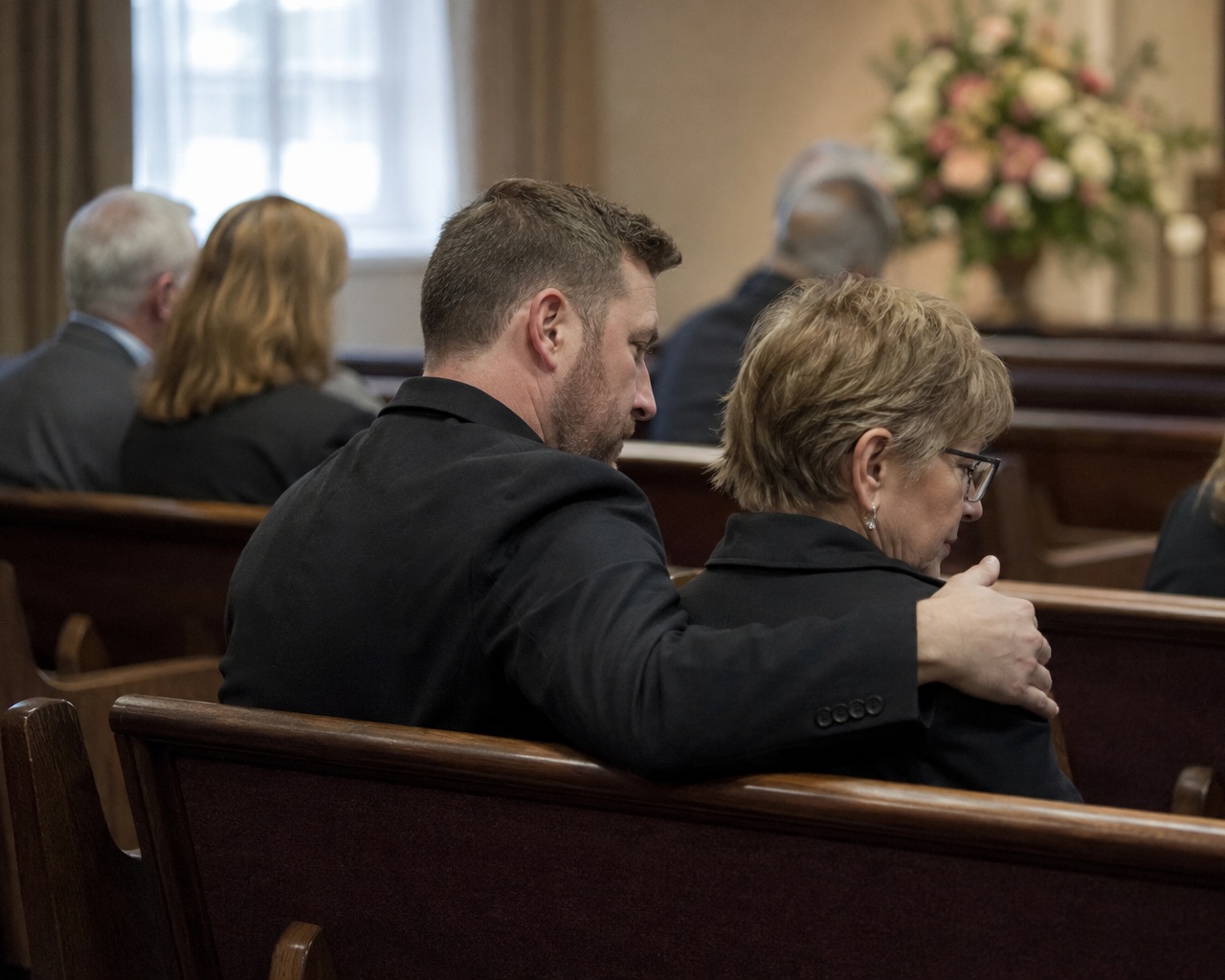 Adult son comforting his mother during a funeral service as other mourners sit nearby.