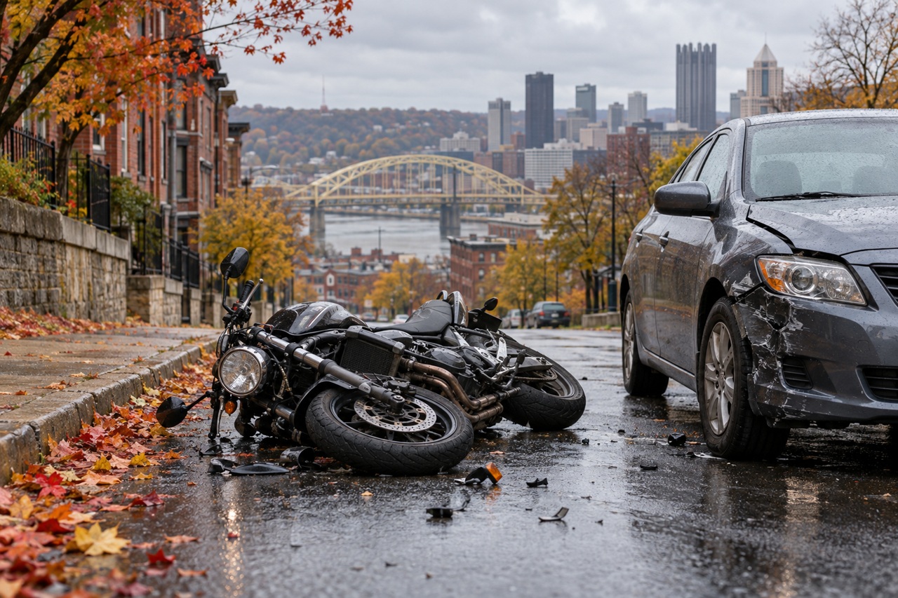 A damaged motorcycle lies on its side on a wet city street beside a gray sedan with front-end damage, with Pittsburgh's skyline and a yellow bridge behind them, illustrating a motorcycle crash with a car on rain-slicked autumn roads.