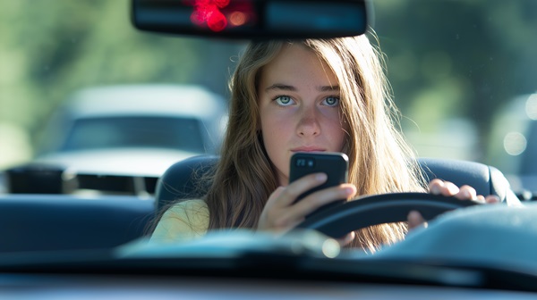 Young driver looking at a cellphone while driving, illustrating distracted driving behavior that increases crash risk and can lead to liability in car accident claims.