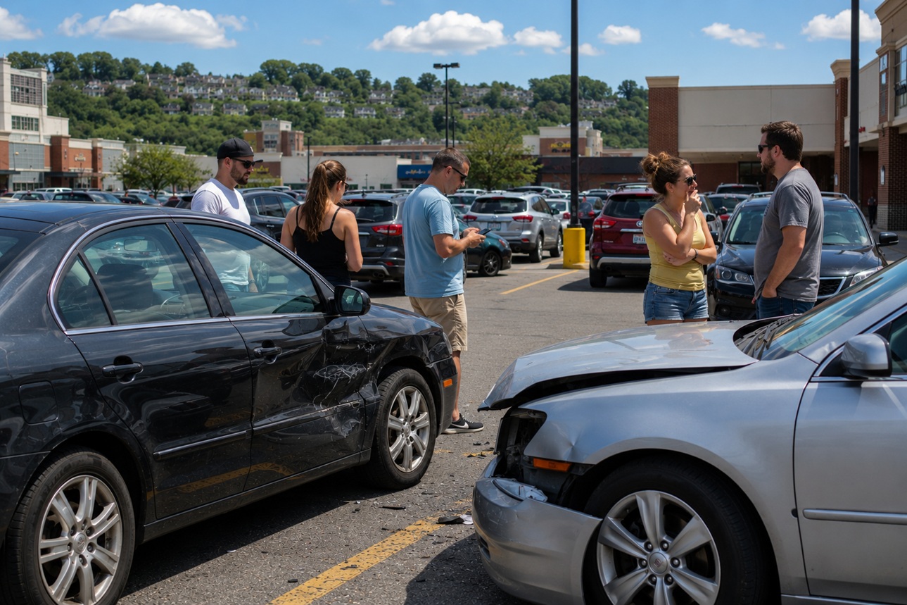 A silver sedan with front-end damage stands near a black sedan with a dented passenger side door, while several people stand nearby talking and looking at their phones in a crowded shopping center parking lot.