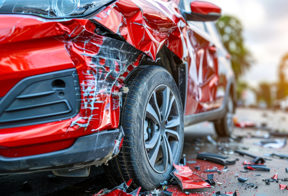 Red car smashed up after an accident