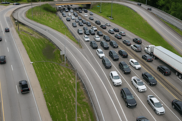 An aerial view of a congested highway interchange shows heavy traffic in multiple lanes with a mix of cars, SUVs, and a tractor-trailer.